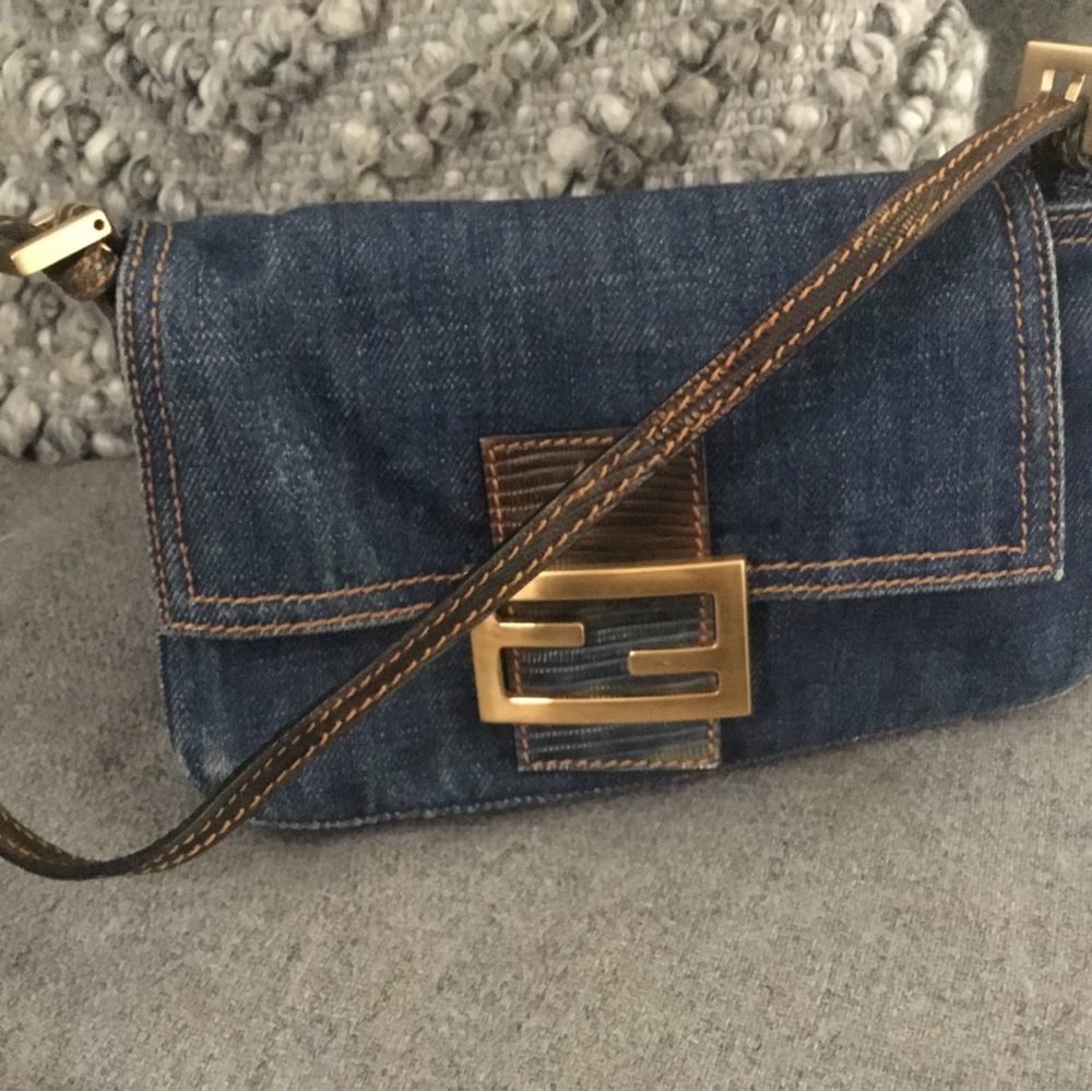 Vintage FENDI Blue Denim & Lizard Trim Baguette Shoulder Bag - AUTHENTIC